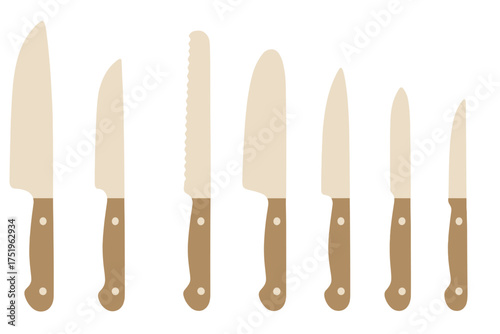 Essential set of seven professional kitchen knives including chef, utility, and serrated bread knives