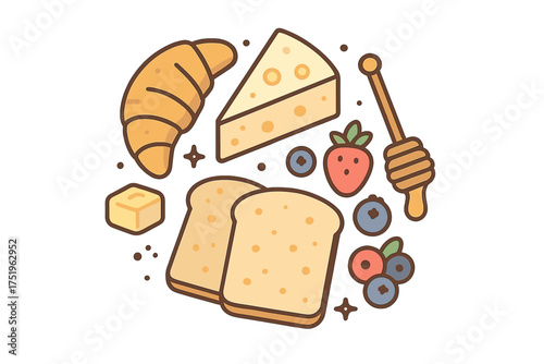 Breakfast spread featuring croissant, cheese, toast, berries, and honey dipper