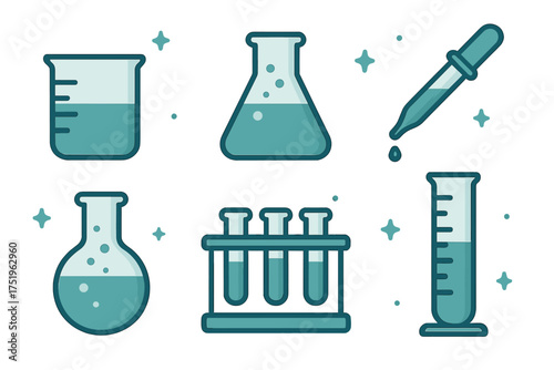 Collection of chemistry laboratory glassware tools including flasks, beaker, test tubes, and pipette