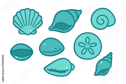 Stylized collection of marine seashells and sand dollar in teal blue color