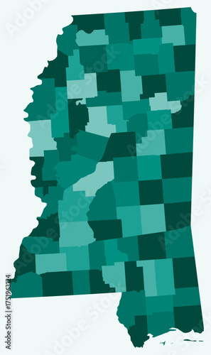 Map of Mississippi with counties. Just a simple state border map with county division. Teal color palette. Blank State of Mississippi shape with administrative division. Vector illustration.