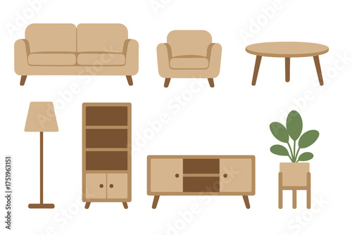 Contemporary living room furniture collection including sofa armchair coffee table and houseplant