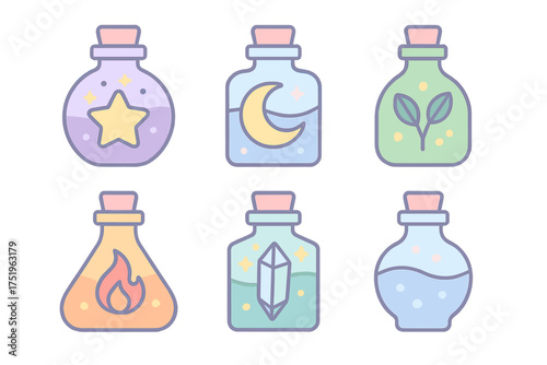 Collection of six mystical elixirs in glass bottles featuring magic symbols and pastel colors