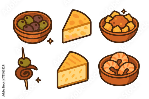 Traditional Spanish tapas appetizers including olives, cheese, patatas bravas, and shrimp