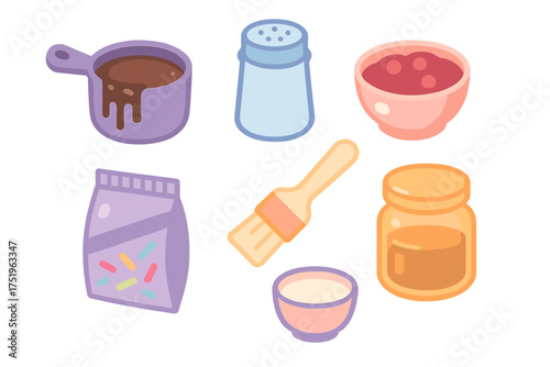 Colorful set of baking ingredients, kitchen utensils, chocolate, honey, and sprinkles