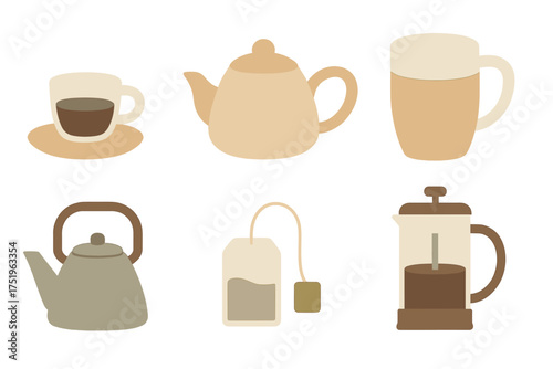 Assortment of hot beverage items including teapots, kettles, mugs, cups, and a French press
