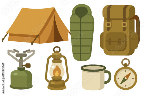 Essential equipment set for outdoor camping and hiking adventures with tent and compass