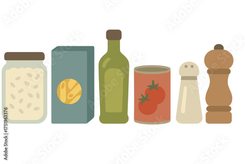 Essential kitchen pantry staples including canned goods, olive oil, pasta, and spices arranged horizontally