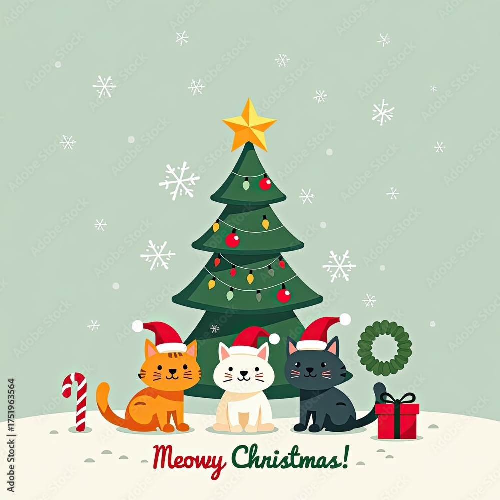 Naklejka premium Three cute cartoon cats wearing santa hats sit in the snow next to a decorated christmas tree, a candy cane, a wreath, and a gift, with the text meowy christmas