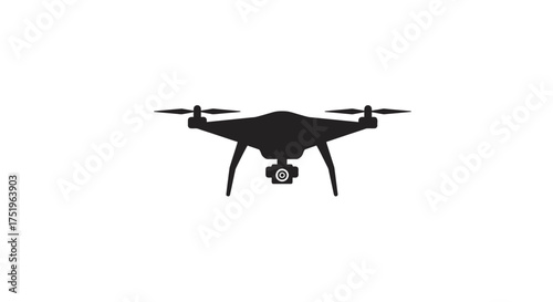 Black silhouette of a drone with a camera on a white background, ready for aerial photography.