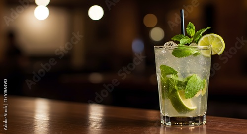 A mojito cocktail on a bar garnished with mint lime ice  a straw sits on a reflective wooden surface against a blurred background
