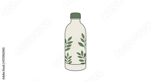 Illustration of a white bottle with a green cap and green leaf patterns, suggesting a natural or organic beverage.