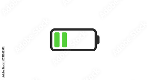 Battery icon showing a partial charge with two green bars on a white background, indicating power level.