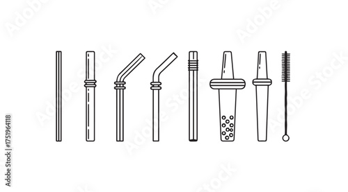 Collection of reusable straws and cleaning brushes showing diverse designs and types vector