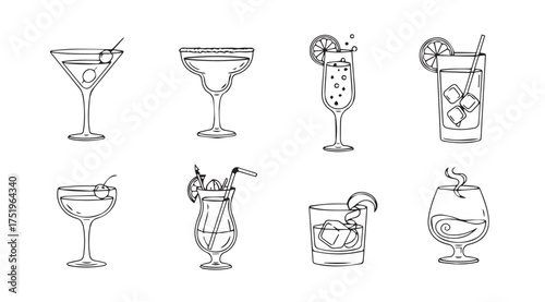 Collection of hand drawn cocktail glasses and refreshing drinks for bar and party occasions vector