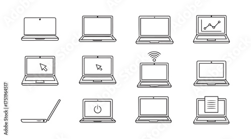 Set of stylized laptop computer icons and illustrations featuring various screens and open positions vector