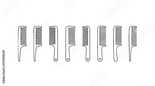 Collection of different textured hair combs arranged in a line for styling and grooming vector