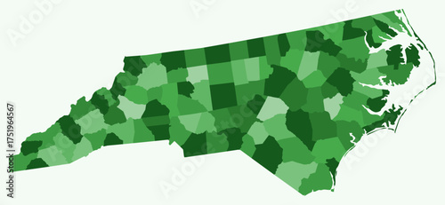 Map of North Carolina with counties. Just a simple state border map with county division. Green color palette. Blank State of North Carolina shape with administrative division. Vector illustration.