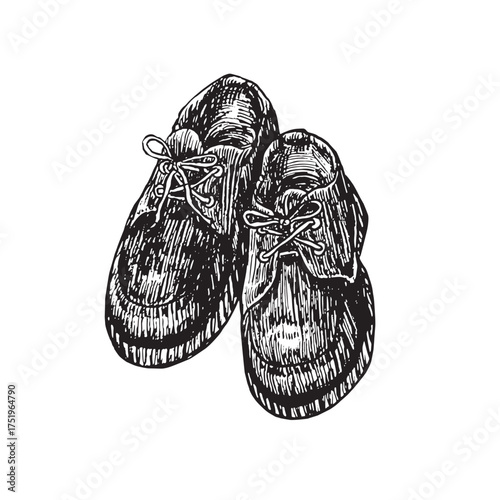 Black boots, front view, doodle black ink drawing, woodcut vector
