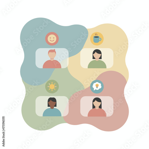 Diverse group connecting remotely via video call collaborating sharing ideas and working online