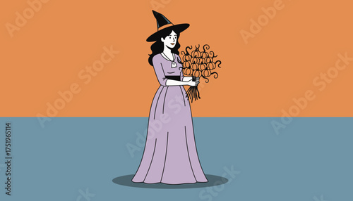 Friendly witch holding a pumpkin bouquet ready for Halloween celebration