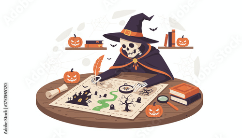 Skeleton wizard draws spooky Halloween treasure map with quill surrounded by pumpkins and books