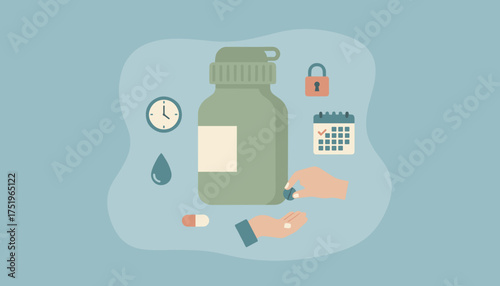 Health regimen with medication bottle hands clock calendar and safety lock Daily wellness