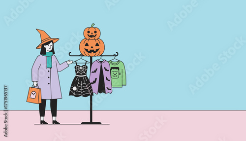 Happy person selecting Halloween costumes from a rack with festive pumpkins Holiday shopping