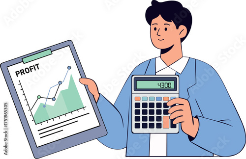 An illustration of a smiling businessman holding a clipboard with a profit growth chart and using a calculator, symbolizing business analysis, financial growth, and investment success. Flat vector sty
