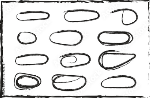 Assortment of Hand Drawn Black Brush Stroke Circles and Ovals on White Background abstract artistic
