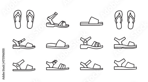 Collection of diverse footwear styles including sandals and flip-flops line art icons vector