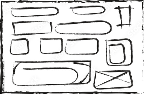 Group of Hand Drawn Black Brush Stroke Rectangles and Shapes on White Background abstract artistic