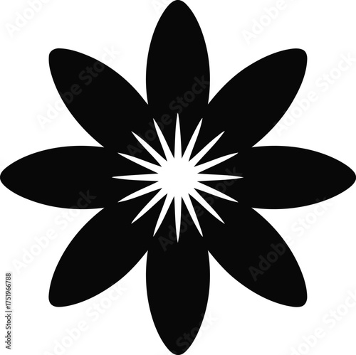 Elegant Black Flower Silhouette with Pointed Central Design Radiating Light and Sophistication in Simplicity Enhancing Minimalist and Botanical Aesthetic with Contrast