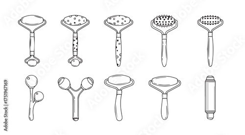Collection of facial rollers and massagers for skincare and beauty routine vector