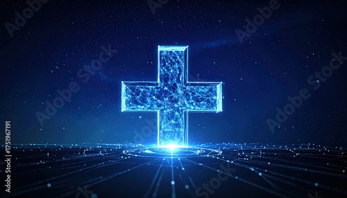 Glowing Blue Digital Cross Symbol on Futuristic Dark Background.