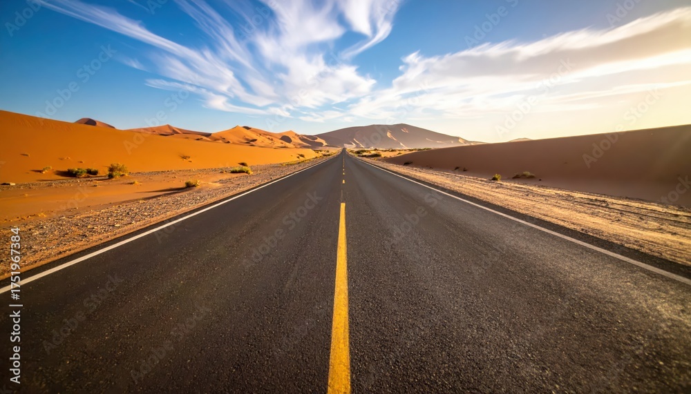 Naklejka premium Desert Road Leading to Horizon Under Blue Sky and Clouds.