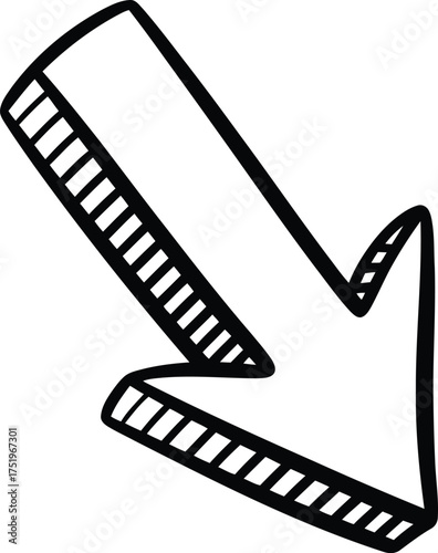 Downward Pointing Arrow with a Unique Hand Drawn Style and a Striped Black and White Outline Creates Emphasis