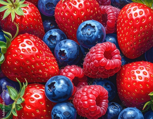 Vibrant Mix of Fresh Strawberries Blueberries and Raspberries.