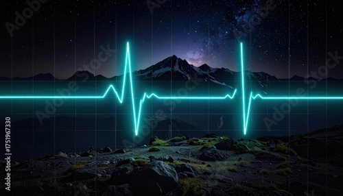 Vibrant Neon Heartbeat Line Illuminating a Dark Mountain Landscape at Night.