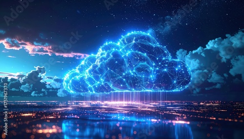 Digital Cloud Computing Network Over Cityscape at Night.