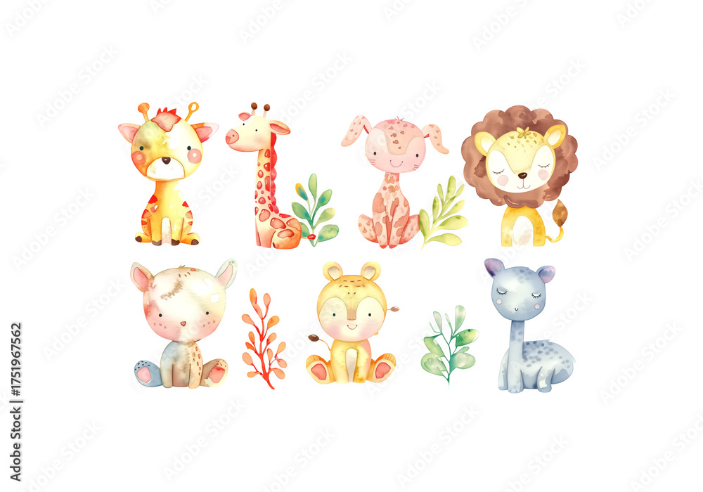 Fototapeta premium set of Kawaii, Cartoon, Watercolor Pastel Cute Animal, high reso