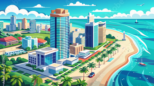 Very beautiful aerial panoramic view of Miami Beach, Florida, USA, with turquoise ocean, modern skyscrapers, and golden sand under a clear sky.
