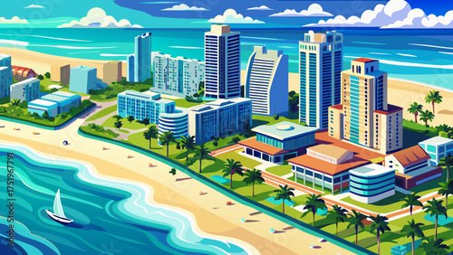 Very beautiful aerial panoramic view of Miami Beach, Florida, USA, with turquoise ocean, modern skyscrapers, and golden sand under a clear sky.
