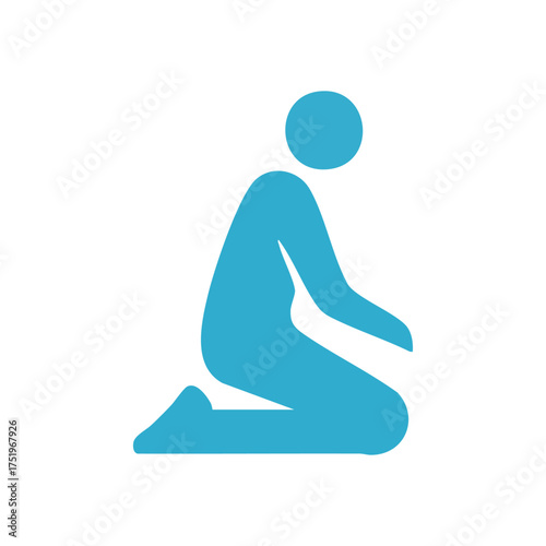 (Blue Figure Kneeling Silhouette Icon. A clear cyan graphic depicts a human figure in a kneeling posture. It conveys feelings of humility, respect, prayer, and thoughtful contemplation.)