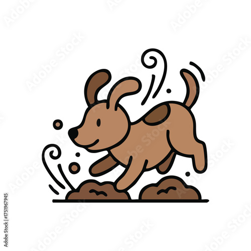 (Playful Puppy Digging in Dirt. Adorable canine companion energetically excavating the earth. This joyful creature symbolizes innocent amusement and lighthearted mischief.)