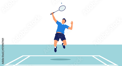 Badminton player in action hitting the shuttlecock with racket sport concept.