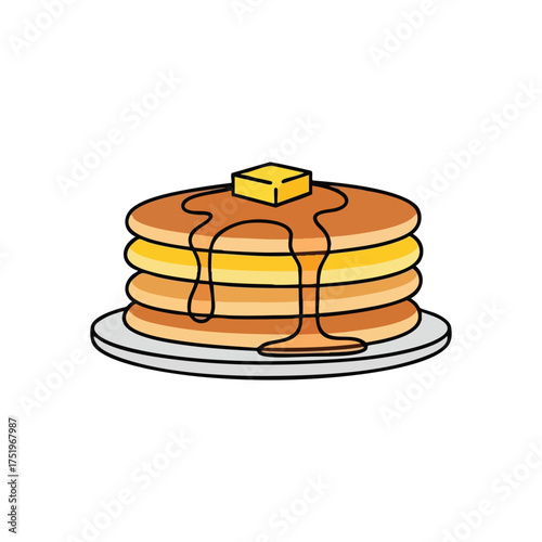(Classic Golden Pancakes with Syrup. A delightful stack of fluffy griddle cakes adorned with a cube of rich butter and sweet amber topping. Represents comfort and morning treats.)