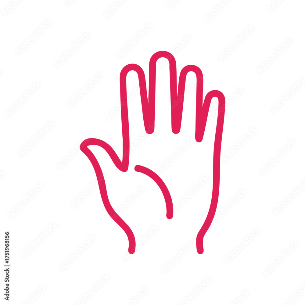 Obraz premium (Red Hand Stop Gesture Outline. This vibrant crimson illustration depicts a human palm raised, signaling cessation or greeting. Its simple line art suggests warning or welcome.)