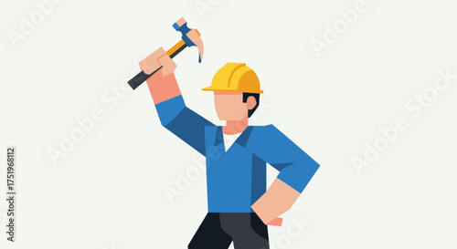 Construction worker holding hammer ready to work on building project.