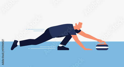 Curling athlete sliding stone on ice winter sport competition vector illustration.